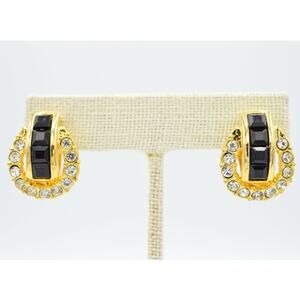 KC Vintage Crystal Clip On Earrings Gold Rhinestone Black Square Signed 1980s 9L